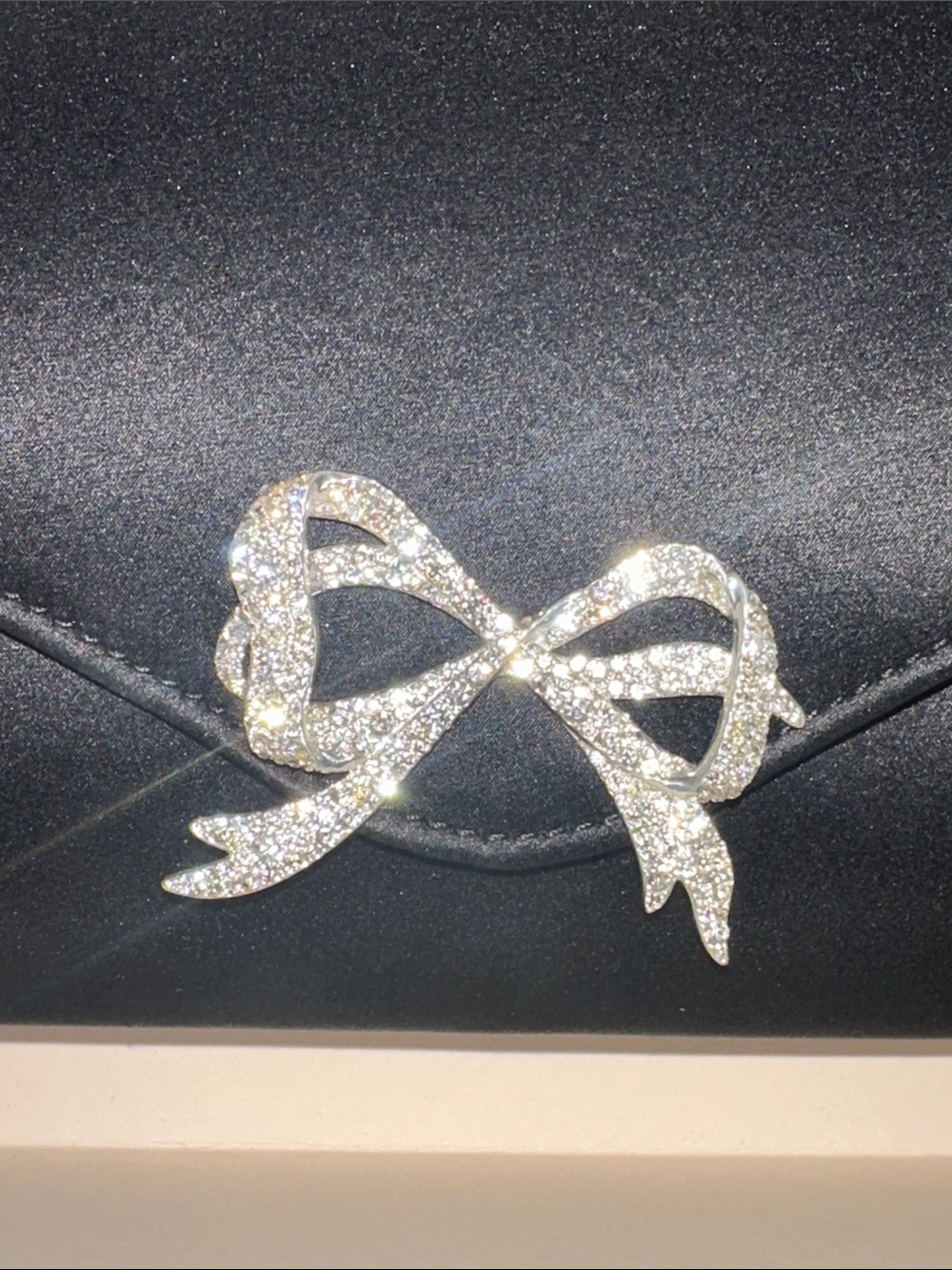 Black Satin Clutch with Silver Bow Accent 10X6X2